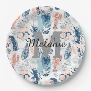 Coastal Lobster Seafood Blue Peach Nautical Paper Plates