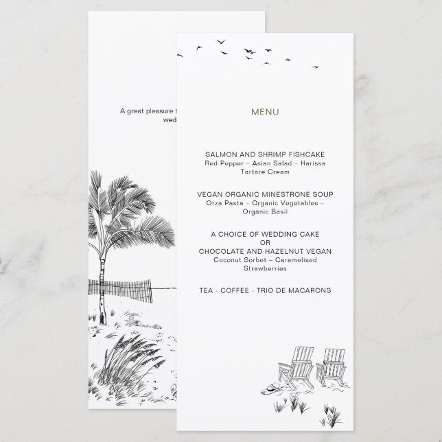 Coastal Love Sandy Beach Minimal Line Art Wedding Menu (Front/Back)