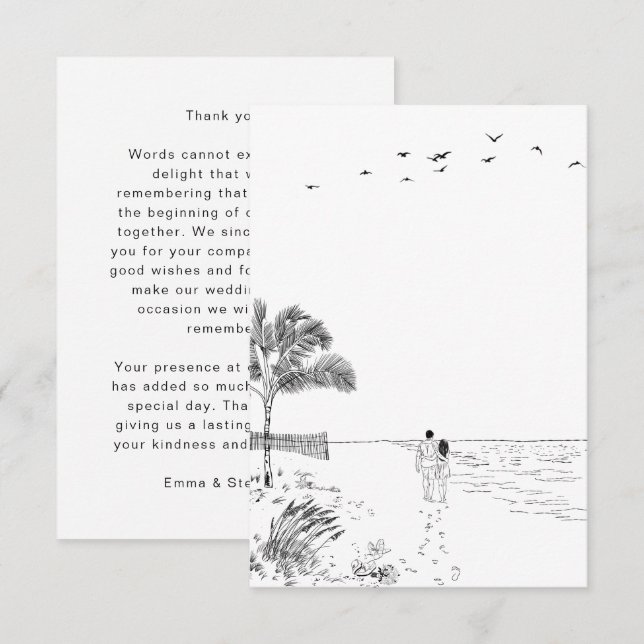 Coastal Love Sandy Beach Minimal Line Art Wedding Thank You Card (Front/Back)