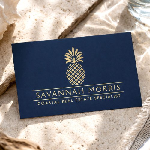 Coastal Luxury Realtor Gold Pineapple Navy Business Card