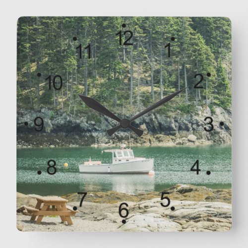 Coastal Maine Cove Fishing Boat Square Wall Clock
