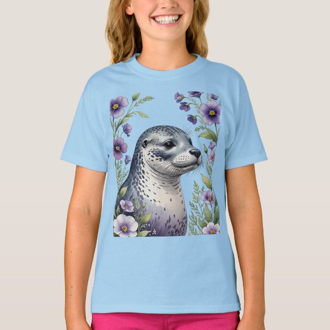 Coastal Mammal Harbor Seal Surrounded By Viola  T-Shirt (Front)