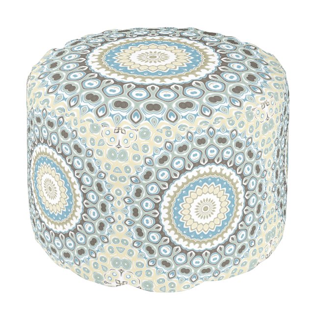 Coastal Mandala in Sand, Blue, and Driftwood Tones Pouf (Angled Front)