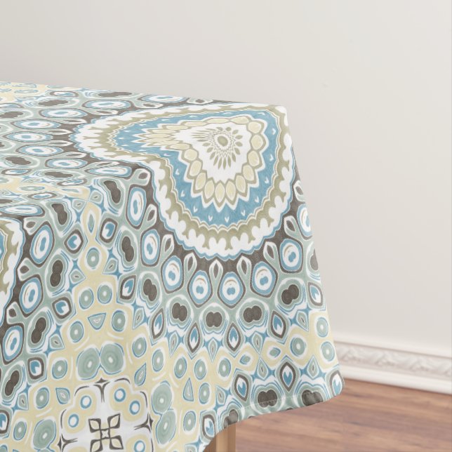 Coastal Mandala in Sand, Blue, and Driftwood Tones Tablecloth (In Situ)