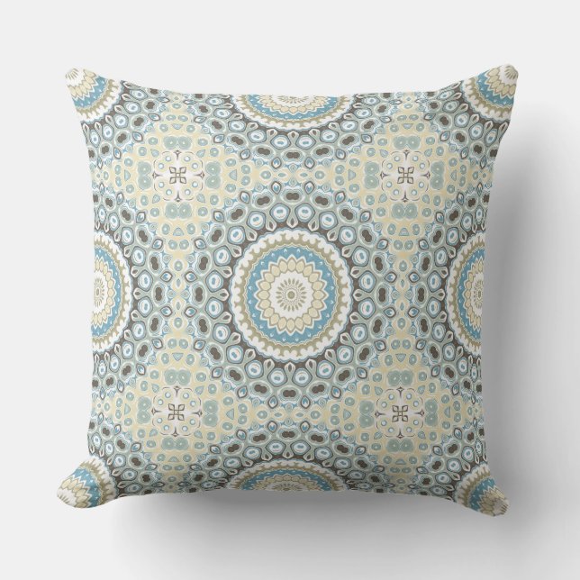 Coastal Mandala in Sand, Blue, and Driftwood Tones Throw Pillow (Front)