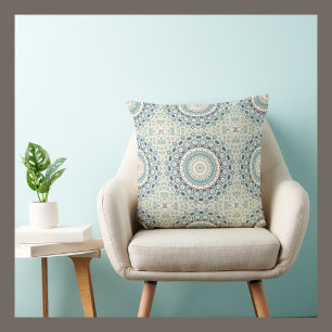 Coastal Mandala in Sand, Blue, and Driftwood Tones Throw Pillow
