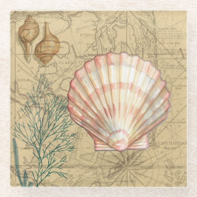 Coastal Map Collage Glass Coaster (Front)