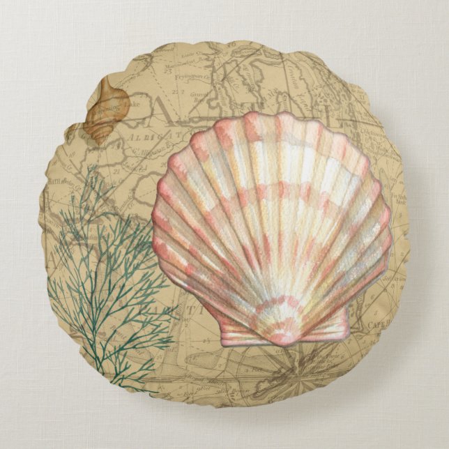 Coastal Map Collage Round Pillow (Front)