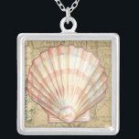 Coastal Map Collage Silver Plated Necklace<br><div class="desc">There's nothing quite like this map of the sea life. This translucent collection of these seashells will go great on any products. It gives a vintage feel to the image and captures the sea life underwater. It includes a stripe pink and white seashell and a sepia colored conch shell.</div>