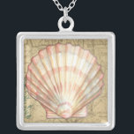 Coastal Map Collage Silver Plated Necklace<br><div class="desc">There's nothing quite like this map of the sea life. This translucent collection of these seashells will go great on any products. It gives a vintage feel to the image and captures the sea life underwater. It includes a stripe pink and white seashell and a sepia colored conch shell.</div>