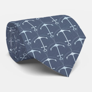 Coastal Marine Anchor Scallop Pattern on Navy Blue Neck Tie
