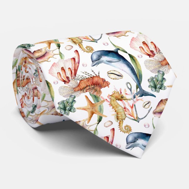 Coastal Marine Life  Pattern  Neck Tie (Rolled)