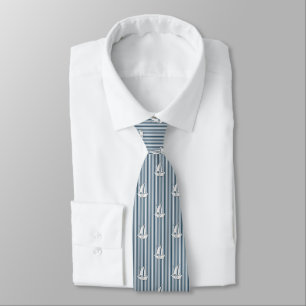 Coastal Marine Sailboats on Blue & White Stripes Neck Tie