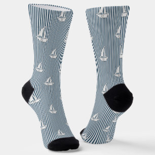 Coastal Marine Sailboats on Blue & White Stripes Socks