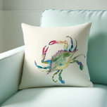 Coastal Maryland Blue Crab Watercolor Throw Pillow<br><div class="desc">Show your love for your ocean side beach home with my custom throw pillow. Shown with my original watercolor crab in shades of red, turquoise, blue and green over a neutral ivory cream background. The backside is a complimentary navy blue color designed to coordinate with my duvet cover. Makes a...</div>