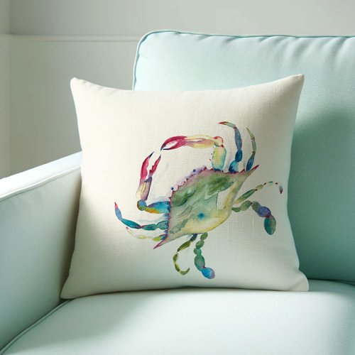 Coastal Maryland Blue Crab Watercolor Throw Pillow