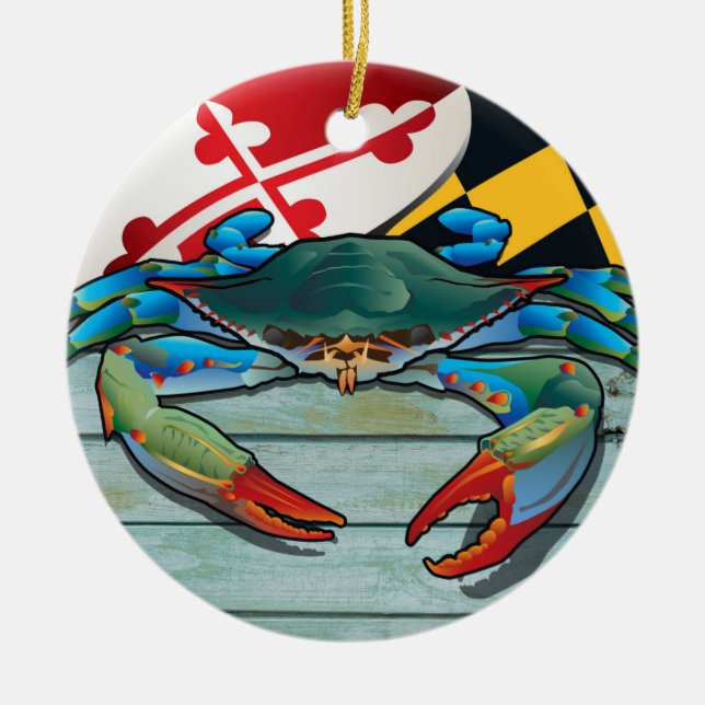 Coastal Maryland Blue Crab with Flag Ceramic Ornament (Front)