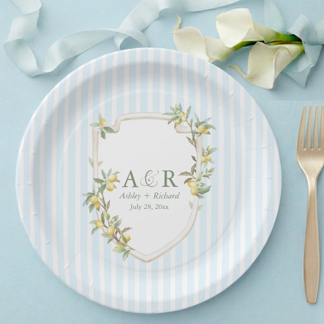 Coastal Mediterranean Lemon Crest Wedding Paper Plates (elegant mediterranean lemon monogram crest coastal pale blue white stripe wedding paper plates)