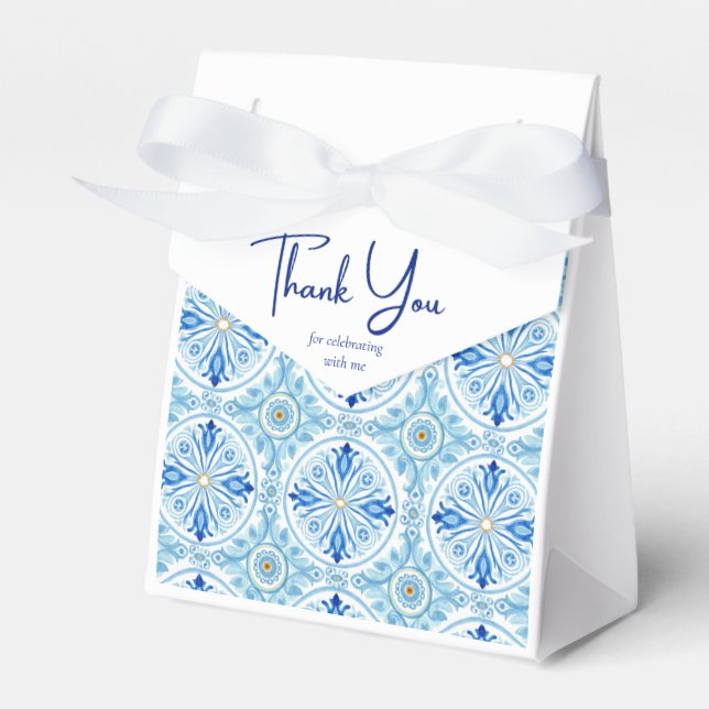 Coastal Mediterranean Tile Bridal Shower Thank You Favor Boxes (Front Side)