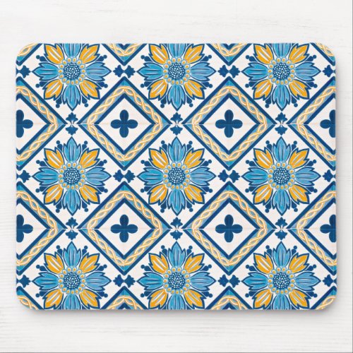 Coastal Mediterranean Tile Floral Pattern Mouse Pad