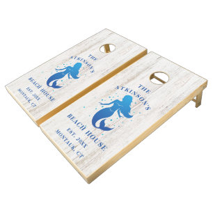 Coastal Mermaid Beach House Rustic Wood Name Cornhole Set