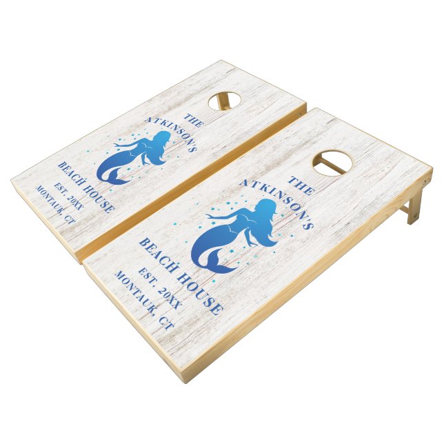 Coastal Mermaid Beach House Rustic Wood Name Cornhole Set (Angled)
