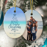 Coastal Merry Beachy Christmas Script Photo Ceramic Ornament<br><div class="desc">This coastal Christmas ornament features a tree-shaped script phrase “Have a very Merry Beachy Christmas” on an abstract beach background, with a photo template on the back. Please visit the collection for more coastal Christmas products, and feel free to contact me on Zazzle Chat if you need a special matching...</div>
