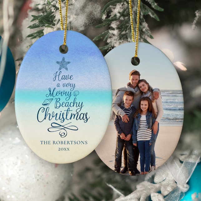 Coastal Merry Beachy Christmas Script Photo Ceramic Ornament (Creator Uploaded)