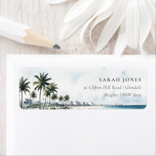 Coastal Miami Beach Palm Tree Watercolor Address Label