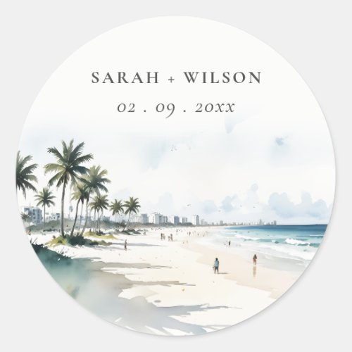 Coastal Miami Beach Palm Tree Watercolor Wedding Classic Round Sticker