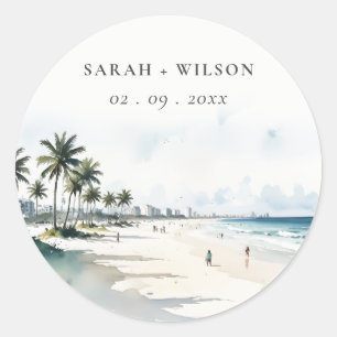 Coastal Miami Beach Palm Tree Watercolor Wedding Classic Round Sticker