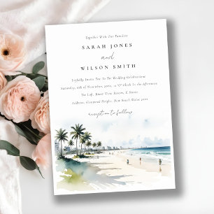 Coastal Miami Beach Palm Tree Watercolor Wedding Invitation