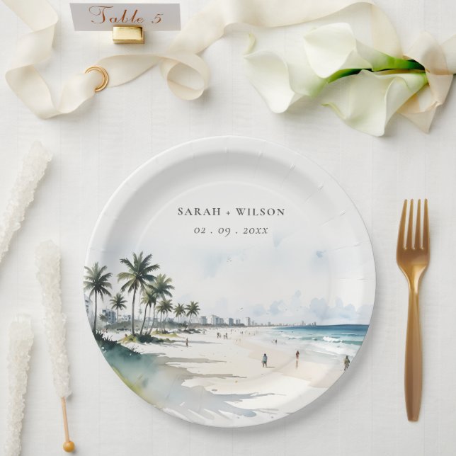 Coastal Miami Beach Palm Tree Watercolor Wedding Paper Plates (Wedding)