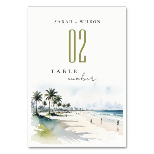 Coastal Miami Beach Palm Tree Watercolor Wedding Table Number