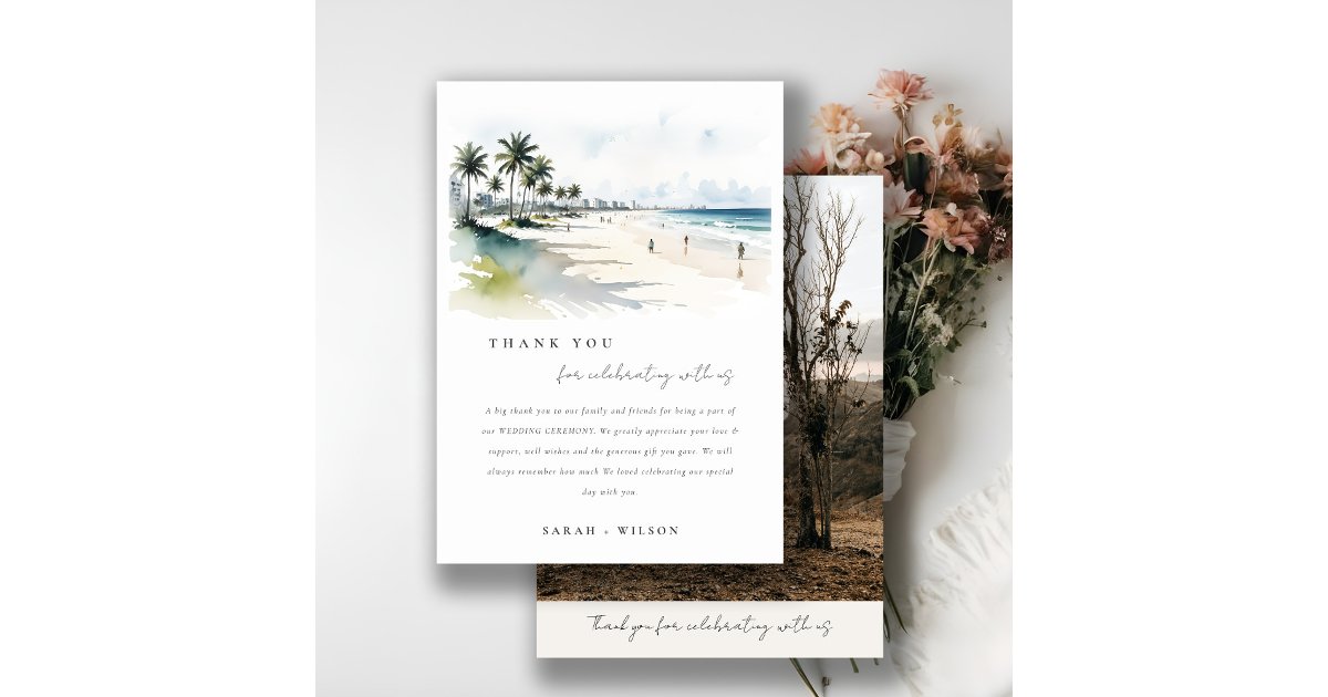 Coastal Miami Beach Palm Tree Watercolor Wedding Thank You Card | Zazzle