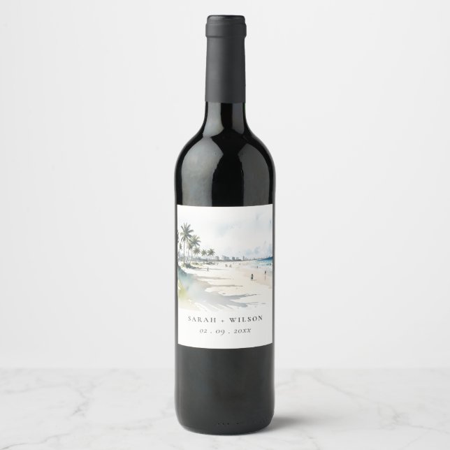 Coastal Miami Beach Palm Tree Watercolor Wedding Wine Label (Front)