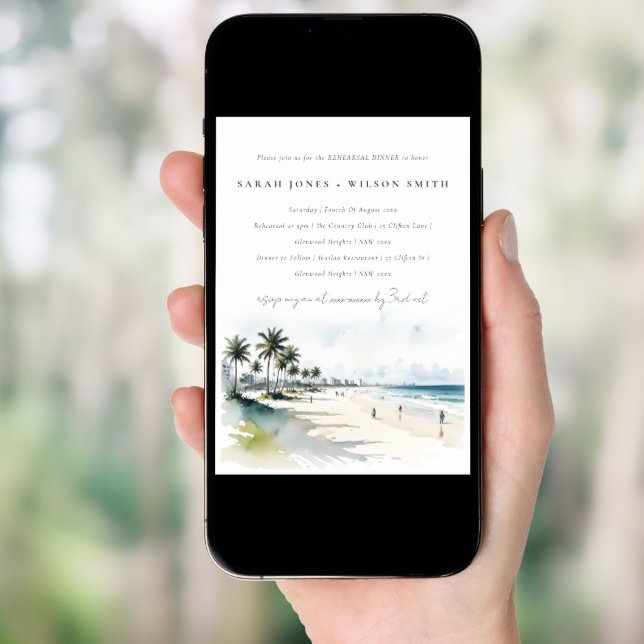 Coastal Miami Beach Palm Trees Rehearsal Dinner Invitation (Front Digital)