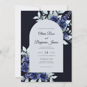 Coastal Midnight Indigo Anemone Wedding Invitation