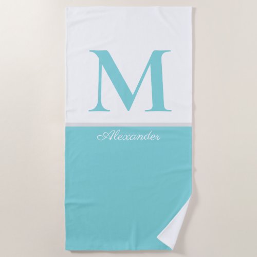 Coastal Modern Blue Teal White Monogram Beach Towel