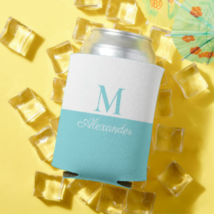 Coastal Modern Blue Teal White Monogram Can Cooler