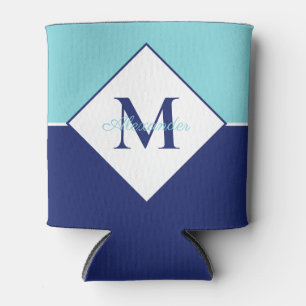 Coastal Modern Navy Blue Teal Monogram Can Cooler