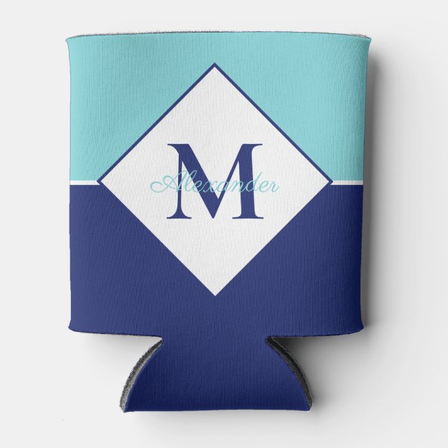 Coastal Modern Navy Blue Teal Monogram  Can Cooler (Front)