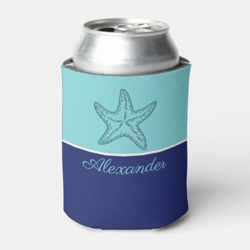 Coastal Modern Navy Blue Teal Monogram Starfish  Can Cooler