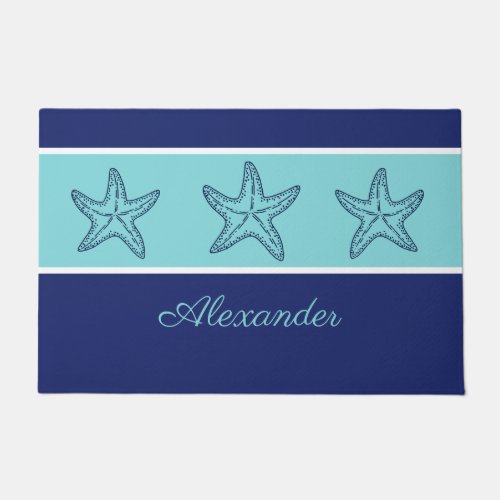Coastal Modern Navy Blue Teal Monogram Starfish Doormat