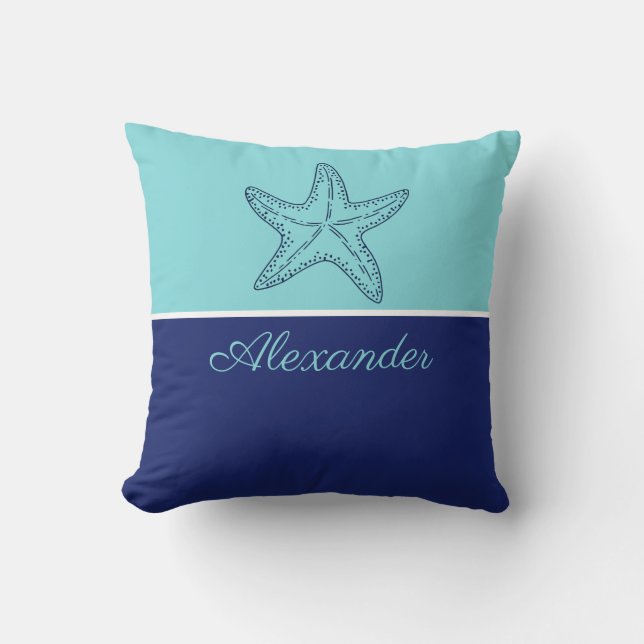 Coastal Modern Navy Blue Teal Monogram Starfish Throw Pillow (Front)