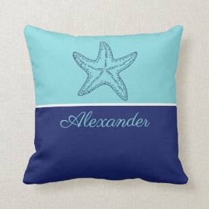 Coastal Modern Navy Blue Teal Monogram Starfish Throw Pillow