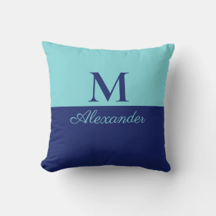 Coastal Modern Navy Blue Teal Monogram Throw Pillo Throw Pillow