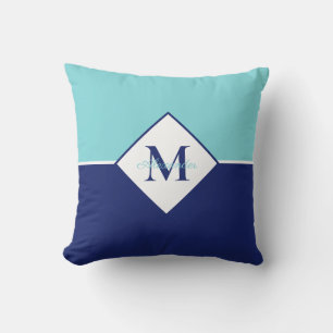 Coastal Modern Navy Blue Teal Monogram Throw Pillow