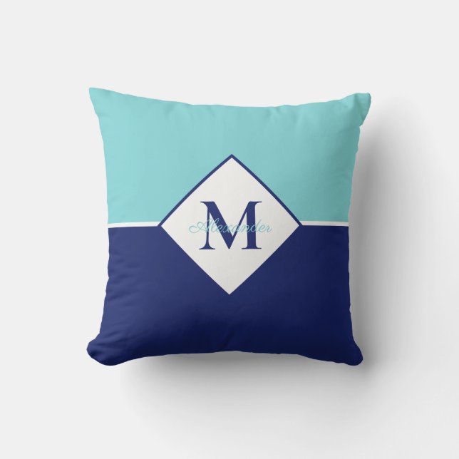 Coastal Modern Navy Blue Teal Monogram Throw Pillow (Front)