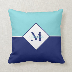 Coastal Modern Navy Blue Teal Monogram Throw Pillow